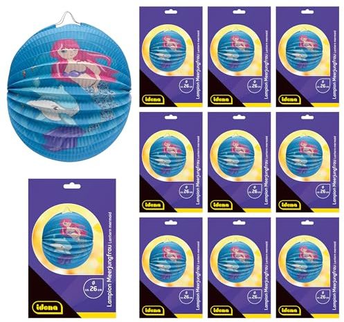 Idena 90284 - Lampion Meerjungfrau mit Delfin, 10 Stück, ca. Ø 26 cm, Blaue Papierlaternen mit Unterwassermotiv, Kinder Laterne für Sankt Martin und Lichterfest