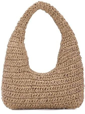EVEOUT Damen Stroh Schultertasche Sommer Boho Strohtasche für Arbeit Strand Urlaub Gewebte Raffia Tote Tasche Shopper Tragetasche