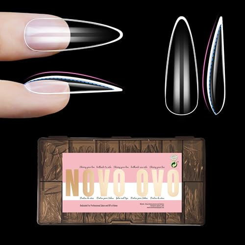 NOVO OVO L Sculpted Almond Nail Tip for Curved Nail Tip, Ballerina sagomata per unghie curve, unghie finte extra spesse, copertura completa x 15 misure, 450 pezzi