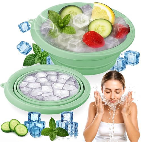 XANGNIER Face Bowl for Ice with Built-In Ice Tray – Collapsible Silicone Facial Ice Bath Bowl for Cold Plunge Therapy, Skin Tightening & Acne Relief – Green Portable Spa Tool for Home & Travel