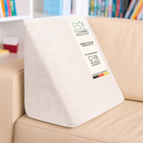 Selfitex Breitcord Keilkissen 60x50x30 cm, Made in Germany, bequemes Lesekissen, Rückenkissen, ergonomische Form, Beinkissen mit stabilem Schaumstoff, Abnehmbarer Bezug, leichte Reinigung (Beige)