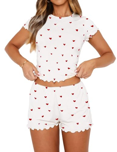 BONITEE Womens PJs Cute Summer Clothes 2 Piece Sets Casual Y2k Tops Shorts Pyjamas Two Piece Set 2026 Trendy Outfits White-Red Heart,S