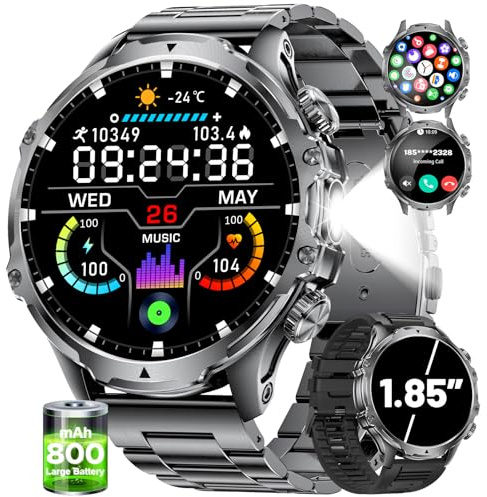 HIRREO Smart Watch for Men Answer/Make Calls 800mAh Big Battery 1.85 HD Large Round Dial Male Smartwatch for iOS Android with Flashlight/Heart Rate/Sleep/SpO2 Monitor,100+ Sports Modes,Black Steel