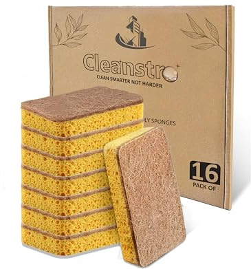 Eco Sponge Scourers Pack of 16 Plastic Free Sponges Washing Up Pads - Odor Free Skin-friendly Biodegradable Sponges Washing Up Scrub for Dishes - Sturdy Eco Friendly Compostable Sponge for Kitchens