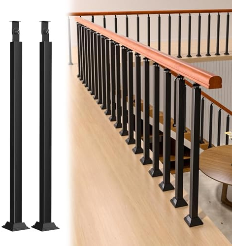 Balaustres de barandilla de escalera de interior de 25.6 pulgadas, paquete de 2 husillos de metal negro para terraza, porche y escalera, diseño cuadrado con kit de tornillos, postes de montaje en el