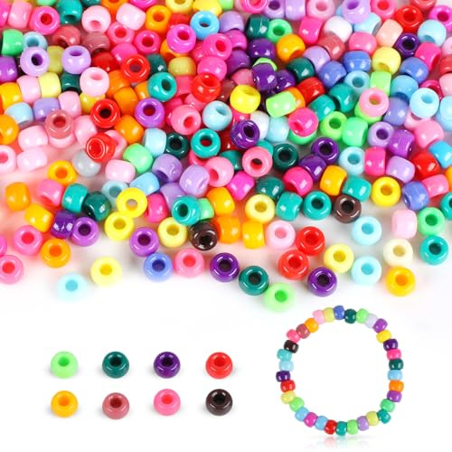 Bunte Pony Perlen zum Auffädeln,1000 Stück Transparente Perlen Großes Loch,6×9mm Haarperlen Bastelperlen für Armbänder, Halsketten, Schlüsselanhänger & DIY Schmuck (Bunte)