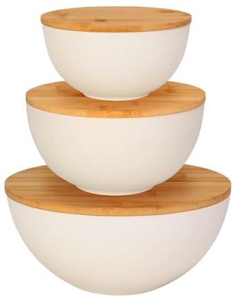 Tazones de almacenamiento para anidar – 10/8/6 pulgadas, cuencos para servir con tapas de madera, juego de cuencos de mezcla segura para microondas, cuencos de cocina apilables para preparar la comida