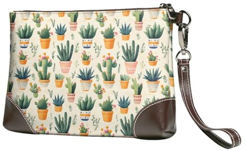 Novastar Small Clutch Purses for Women - Cactus Potted Print Leather Fashion Wristlet Wallets with Wrist Strap