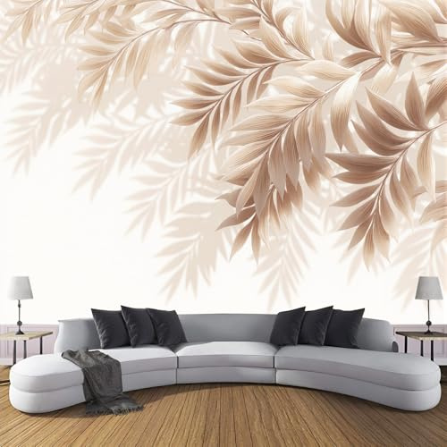JSCWDET Papier Peint Panoramique Nature 150×105 CM - Revêtement Mural Décoration Salon - Beige -Illustration De Feuille De Palmier - Tableaux Muraux Tapisserie Photo Trompe L'Oeil Pour Chambre