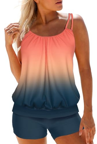 MODLILY Tummy Control Tankini Swimsuits for Women, Lightweight Two Piece Bathing Suits, Blouson Top with Boyshorts Coral Navy
