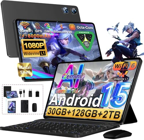 Android 15 Tablet, 128GB ROM+2TB TF, 30 RAM, 10 Pulgadas Tableta táctil con Teclado y ratón, 1280 * 800 IPS HD, Widevine L1, Gemini AI, 2.4G/5G WiFi, Octa-Core, 5+8MP, BT 5.0, 8000mAh, Metálica Negro