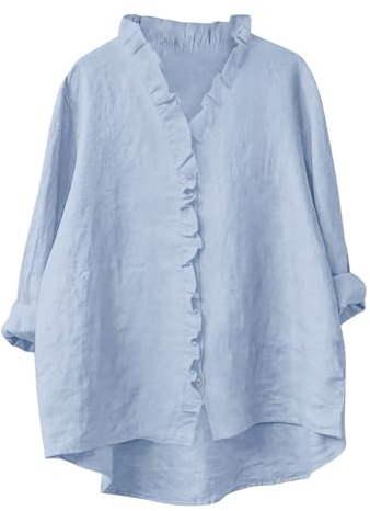Gauze Button Down Shirt for Women Fashin Ruffled Trim Blouses 3/4 Sleeve Cotton Linen Shirts Roll Up Casual Lightweight V Neck Tunic Open Front Three Quarter Sleeved Baggy Blouse