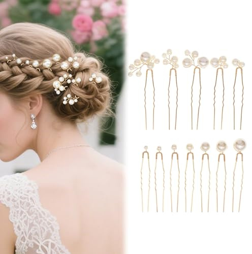 Set de Pelo Novia Nymora, 12 Pinzas de Pelo con Perlas y Flores para Peinados de Boda, Pines de Pelo con Perlas & Decoración de Perlas para Cabello para Mujeres
