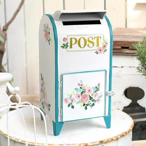 TentHome Boite aux Lettres sur Pied Petite en Fer Etanche Intérieur Extérieur, Boîte à Lettre Decorative Originale Design, Decoration pour Anniversaire, Mariage et Jardin Exterieur (Blanc + Bleu)