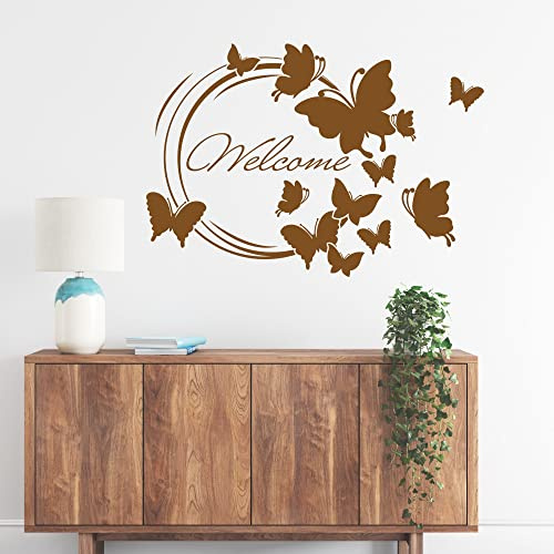 GRAZDesign Wandtattoo Flur Welcome Schmetterlinge, Willkommen Spruch, Sprüche für Eingang Wandaufkleber - 43x30cm / 070 schwarz
