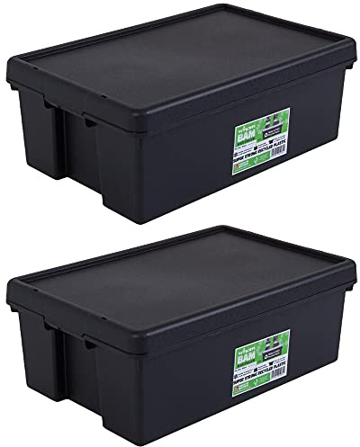 Wham Bam 100% Recycled Super Strong Impact Resistant Black Re-Usable Storage Boxes With Lids 36 Litre 59.5 x 40 x 21.5cm (2 Boxes)