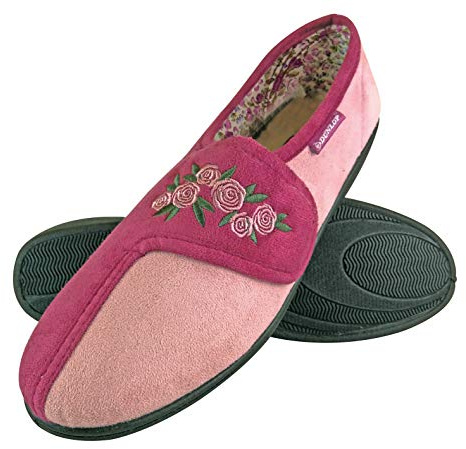 DUNLOP - Femme Floral Imprimé Pantoufles en Mousse À Mémoire Chaussons avec Fermeture Velcro pour Personne agee (42 EU, Dusky Pink)