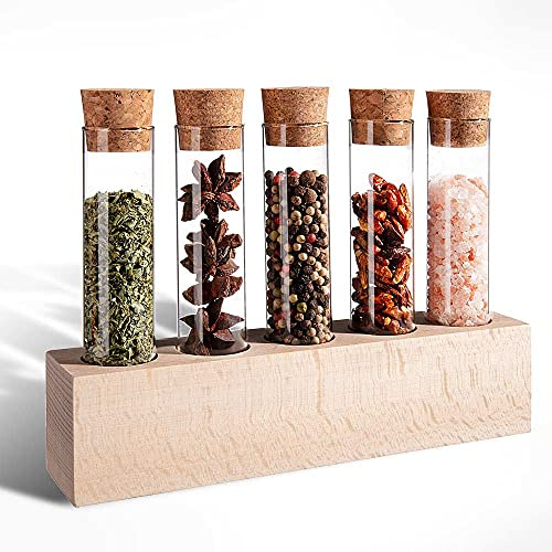 Tuuters Gewürzregal Holz mit 5 Gläsern, Glasvase, Reagenzgläser für Blumen | 65 ml Reagenzglas mit Korken, Reagenzglasständer aus Buchenholz, Tisch Vase, 30mm Durchmesser für Gewürze und Trockenblumen