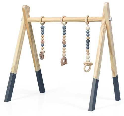 DREAMADE Spieltrapez aus Holz, Motorikspielzeug für Babys, Spielbogen mit 3 Spielzeugringe & 2 Kleinen Tiermodellen, Aktivitätszentrum mit Dreieckigen Struktur, für Kinderzimmer (Grau)