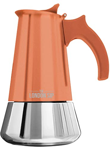 The London Sip Moka Pot, Stovetop Coffee Maker, Italian Style Espresso Maker, Stainless Steel, Induction Compatible, Modern Chrome, Copper, 3 Cup (150 ml)