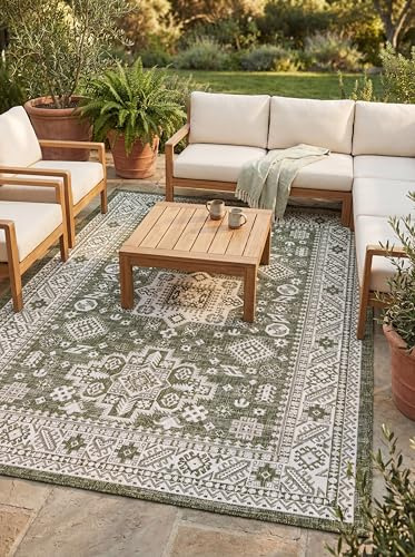 Rugs.com Outdoor Aztec Collection Rug – 10' x 14' Green Flatweave Rug Perfect for Living Rooms, Large Dining Rooms, Open Floorplans