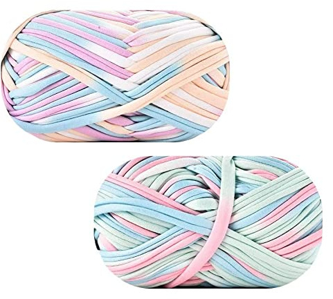 XLKJ 2pcs Fil de Crochet Multicolore pour Tricot, Fait Main Cordon en Tissu Coton Doux pour Tricoter, Fil de Laine à Tricoter