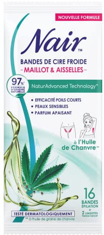 NAIR - Strisce di Cera Fredda Maglia & Ascelle, Estratto di Olio di Canapa, 97% di Origine Naturale, NaturAdvanced Technology, 16 Strisce