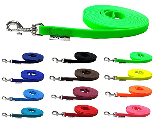 Schleppleine für Hunde Biothane Hundeleine mittlere/große Hunde Breite 16mm 1m / 3m / 5m / 10m / 15m (15m OHNE Handschlaufe, Neongrün)