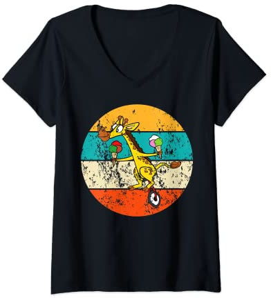 Damen Giraffe Eis Fahrradmotiv Einrad Fahrrad Lustig Vintage Retro T-Shirt mit V-Ausschnitt