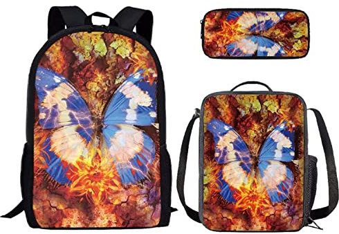 Binienty Rucksack für Kinder Jungen Mädchen Schule Büchertasche mit Lunchbox und Federmäppchen Büchertasche Set für Grundschule, Schmetterlingskunst, Einheitsgröße