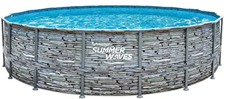 Summer Waves Frame Pool Set | Rund 549x132 cm Steinoptik Grau | Aufstellpool Set | Gartenpool & Schwimmbecken inkl. Filterpumpe, Einstiegsleiter, Abdeckplane, Bodenvlies & Deluxe-Reinigungsset