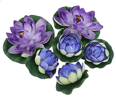 POPETPOP 6Pcs Artificial Floating Pool Flowers, Plastic Lotus Flower with Water Lily Pads, Lifelike Pond Pool Lotus Ornaments for Patio Garden Aquarium Home Party Wedding Pond Decoration
