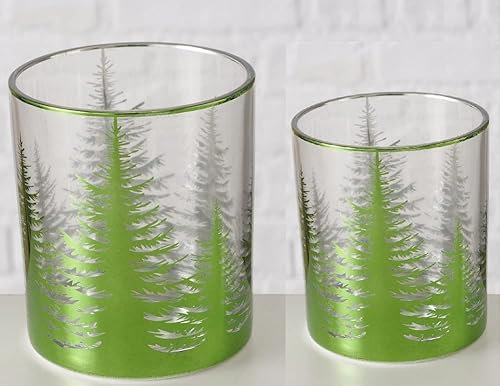 Windlicht Set 2-teilig – Teelichthalter aus Glas mit hellgrüner Tannenwald-Silhouette – stilvolle Winter- & Weihnachtsdeko – 8×10 cm & 7×9 cm (Winterwald hellgrün 2er Set)