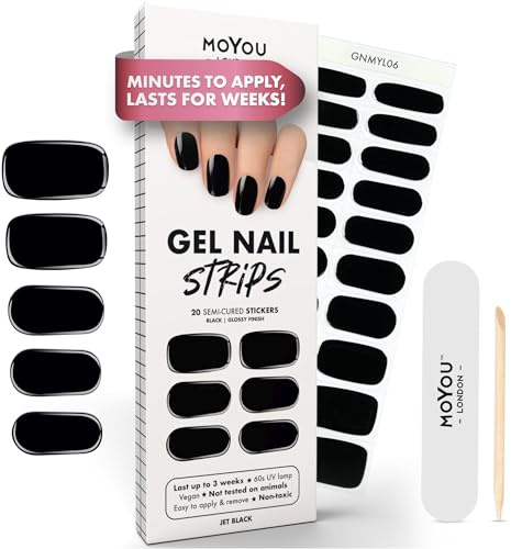 MOYOU LONDON Halbgehärtete UV Gel Strips - 20 Stück - Gel-Nagelfolien UV Härtend für Maniküre in Salonqualität - Jet Black