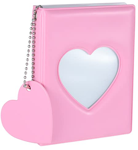 FRIUSATE 3 Inch Kpop Photocard Holder Book, Mini Photo Album with Love Heart Pendant, Pink, 32 Pockets