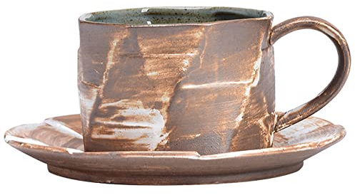 DECRZPB Tazza da caffè in ceramica fatta a mano Set tazza e piattino Set di tazze da tè e piattino in ceramica marrone retrò Set di tazze da latte d'avena Regalo di nozze