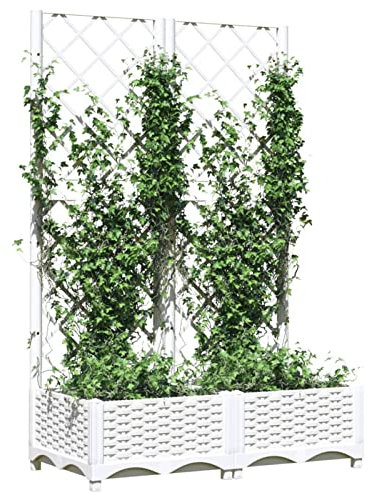 Homgoday Pflanzkübel mit Rankgitter Spalier mit Pflanzkasten Blumenkasten mit Spalier Pflanzkasten für Kletterpflanzen Gartenspalier Rankgitter für Balkon Terrasse Weiß 80x40x121,5 cm