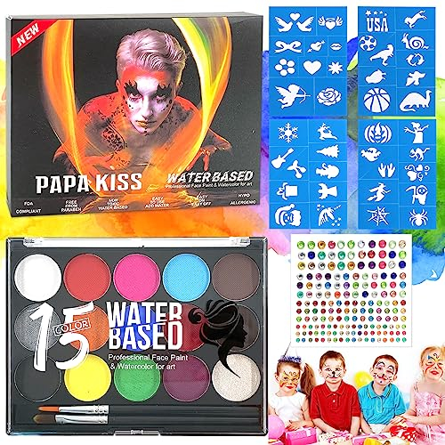 TOPJOWGA Kinderschminke Set Gesichtsfarbe, 15Farbe Bodypainting Schminke, 4 Schablonen, 2 Pinsel, Professionelle Schminkpalette, Kinder Schminke Geschenk für Weihnachten Halloween Karneval Geburtstag