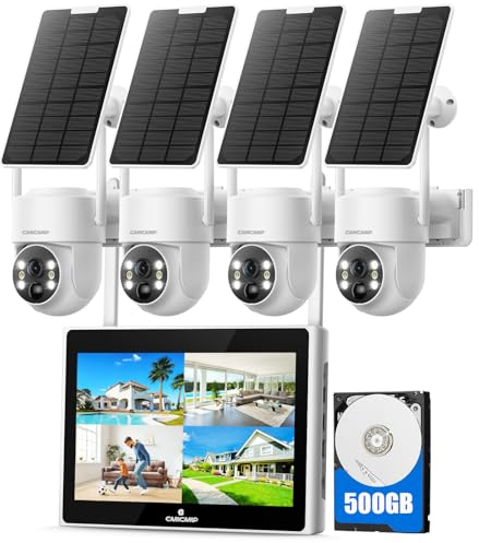 Camcamp Kit Camera Surveillance WiFi Solaire avec 10 Moniteur et 500Go HDD, 10CH NVR 2K Video Surveillance sans Fil, Pas Besoin de WiFi, Vision Couleur, Mouvement Détection,2-Voies Audio,Sortie HDMI