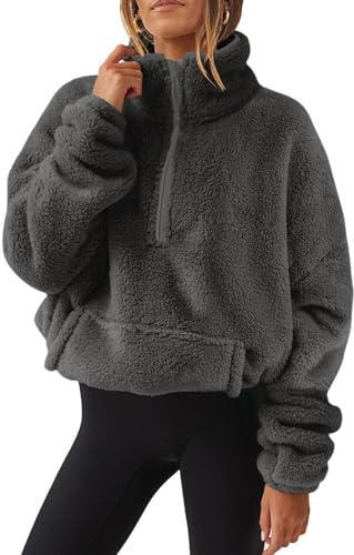 Fleecejacke Damen,Reißverschluss Ausschnitt Pullover Mit Tasche Teddy Fleece Hoodie Warm Teddyjacke Stehkragen Sweatjacke Winterjacke Weich Übergangsjacke Komfort Mantel Plüschjacke Jacken