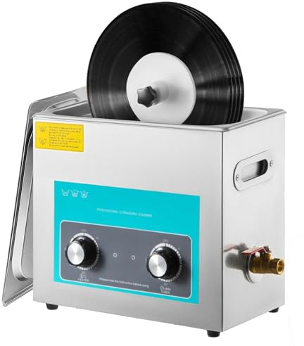 Nettoyeur de disques à ultrasons 6 L avec commande de bouton de minuterie de chauffage, nettoyant en acier inoxydable 150 W pour disques, nettoyage de 1 à 3 disques vinyle, bijoux, montres, supports