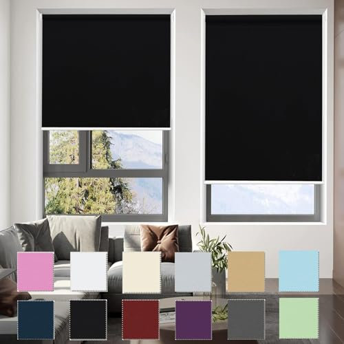 Verdunklungsrollo ohne Bohren 50 x 90 cm Maßgeschneiderte Größe, Sonnenschutz Rollo Klemmrollo Seitenzugrollo Easyfix mit Klemmträger, für Fenster und Tür, Schwarz