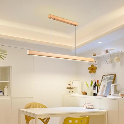 Suspension Moderne en Bois LED Dimmable pour Salle à Manger - Design Linéaire avec Télécommande (Bois, L80cm)