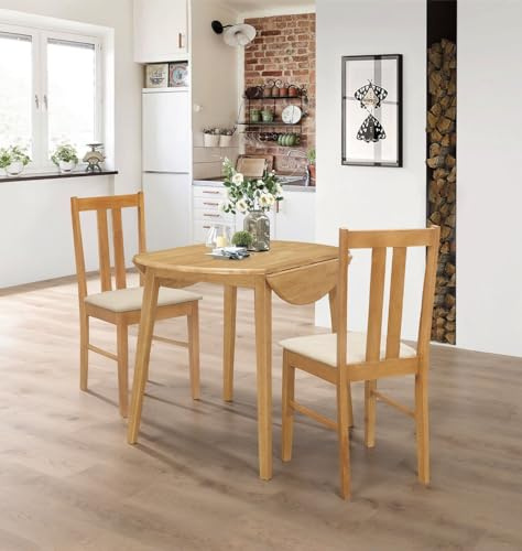 Hallowood Furniture Ledbury Runder Tisch und Stühle Set 2, Esstisch und Stühle aus heller Eiche mit cremefarbenen gepolsterten Sitzen, platzsparende zusammenklappbare Esszimmer-Sets für kleine Räume