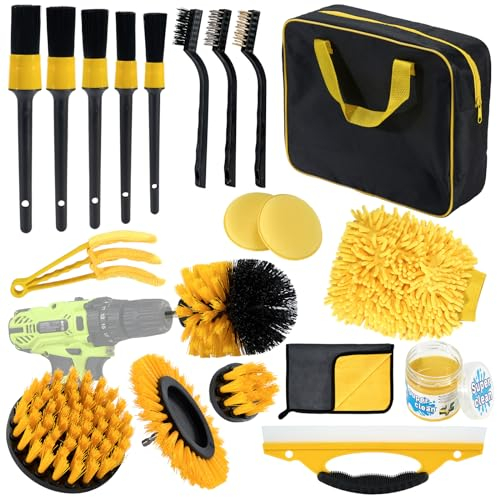 Kit Nettoyage Voiture,20 pièces Detailing Auto Kit de Lavage de Voiture avec brosses et éponges de Polissage,de Transport Pratique,kit de Nettoyage pour Auto et Moto - pour l'intérieur et l'extérieur