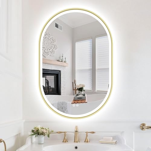 S'bagno Oval Bathroom Mirror with LED Lights 60x90cm, Illuminated LED Bathroom Mirror with Aluminum Frame, Anti-Fog, 3000-6500K, Memory Function, IP44 Waterproof, Horizontal/Vertical, Golden