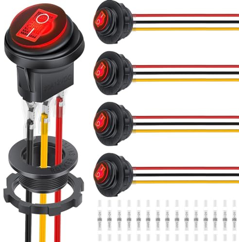 DAOKAI Interrupteur à Bascule Rond avec Coque 2 Positions 12V 20A ON Off Waterproof Heavy Duty Illuminated Marine Round Toggle Switch Red LED Lighted for Marine Car RV Truck -5Pcs