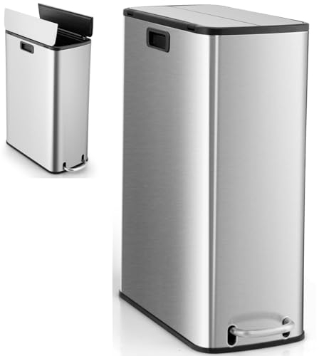 TANGZON 46L Recycling Pedal Bin, Stainless Steel Slim Kitchen Bin with Soft Closure Butterfly Lid, Plastic Inner Bucket, Non-Slip Base & Handles, Fingerprint-Proof Waste Bin Trash Can for Home Office