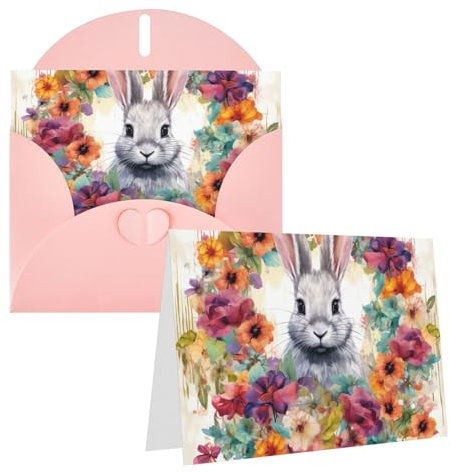 Geburtstagskarten mit Umschlägen, Hochzeitskarten, Trauerkarten, Dankeskarten, blanko Innenseite, Aquarell, Kaninchen und Blumen, für alle Gelegenheiten, Grußkarten