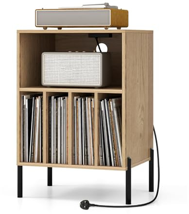 CASART Record Player Stand, Turntable Stand with Charging Station, Metal Legs & Cable Hole, Vinyl Record Storage Cabinet Holds up to 150 Albums End Table for Living Room Bedroom (Natural)